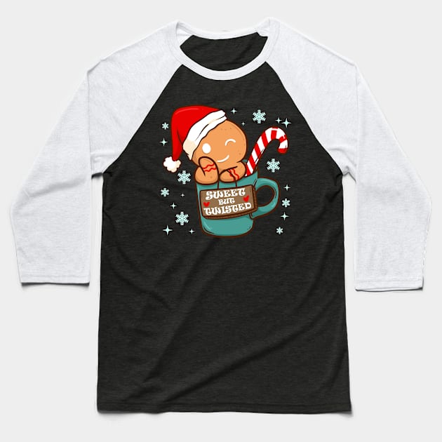 Sweet But Twisted Christmas Candy Cane Gingerbread Man Baseball T-Shirt by E